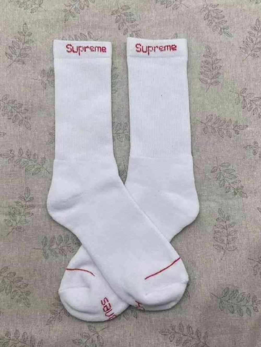 Supreme White Crew Socks with Red Script Logo